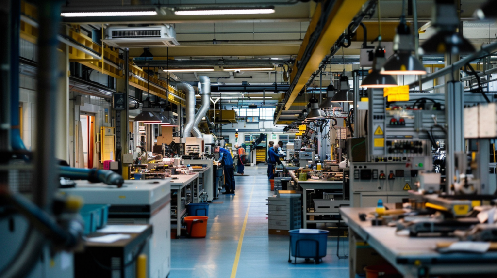 UK engineering workshop with workers and visible HVAC ventilation ducts