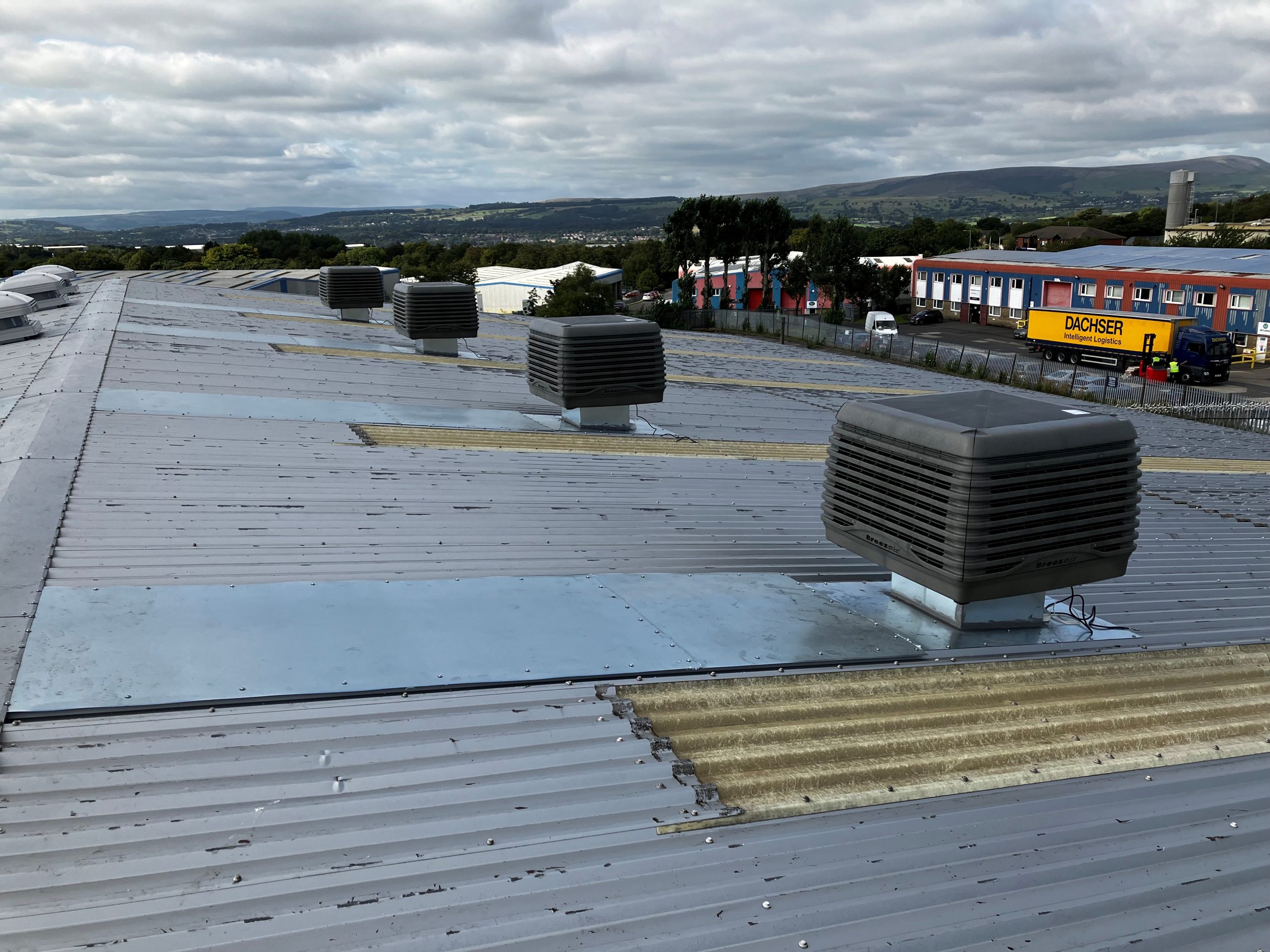 Evaporative Coolers on top of industrial building in Burnley Lancashire