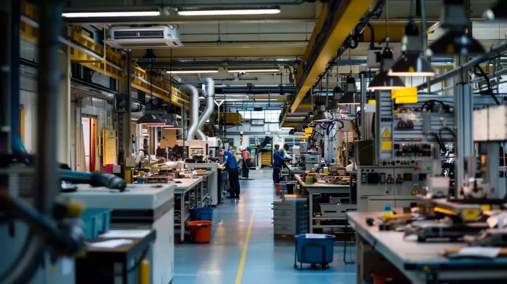 UK engineering workshop with workers and visible HVAC ventilation ducts
