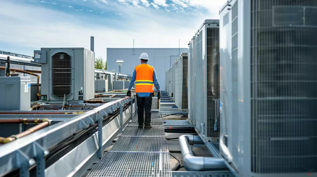 Engineer on roof of industrial building looking at HVAC Units