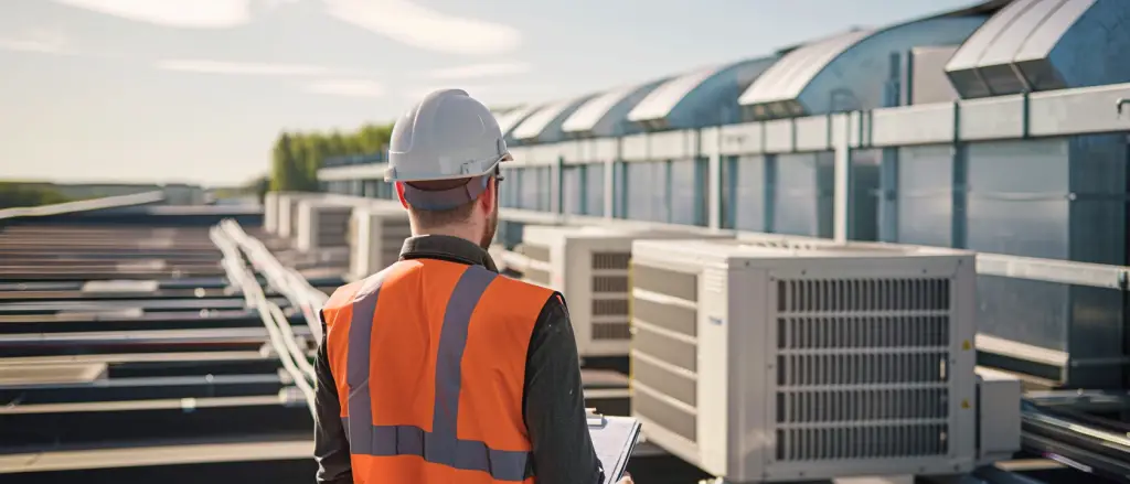 Engineer inspecting rooftop air conditioning and ventilation units during TM44 survey
