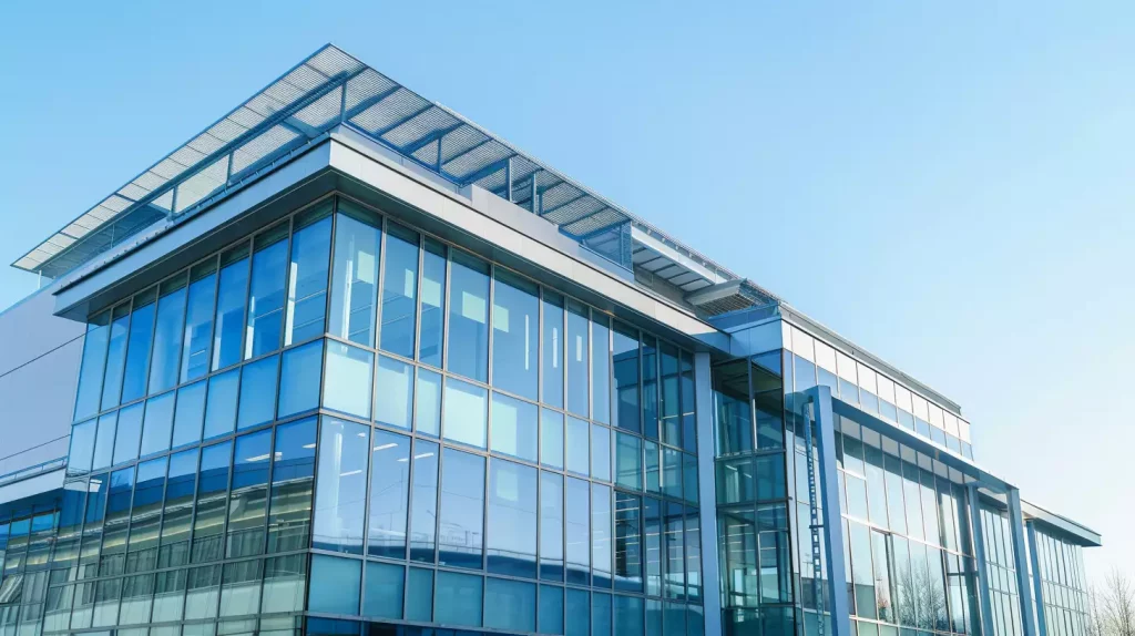 Modern commercial building with energy-efficient rooftop air conditioning and ventilation units