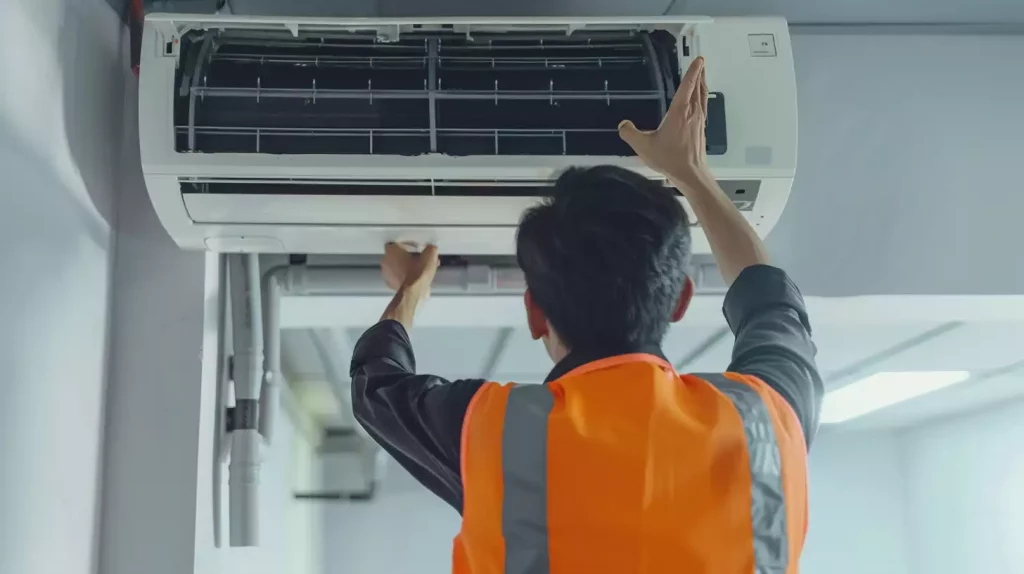 Maintenance Engineer inspecting air conditioning unit