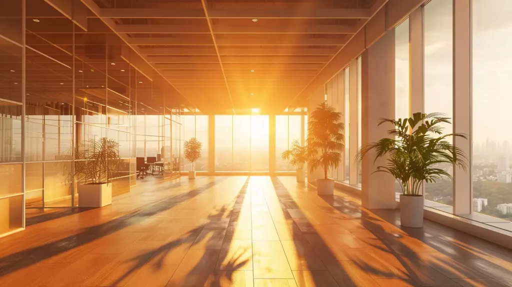Modern commercial office interior with warm sunlight and visible HVAC units, illustrating workplace overheating during a heatwave