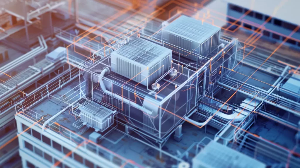 Modern commercial rooftop with HVAC and evaporative cooling units, showing energy efficiency and regulatory compliance