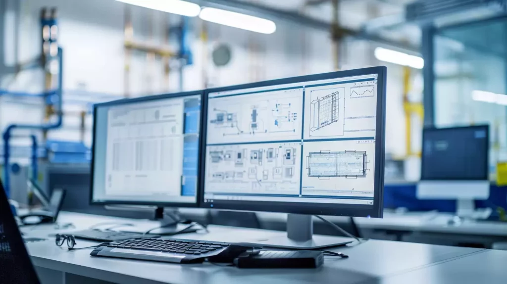 Computer workstation showing HVAC airflow schematics and system blueprints, representing tailored air conditioning and ventilation solutions.